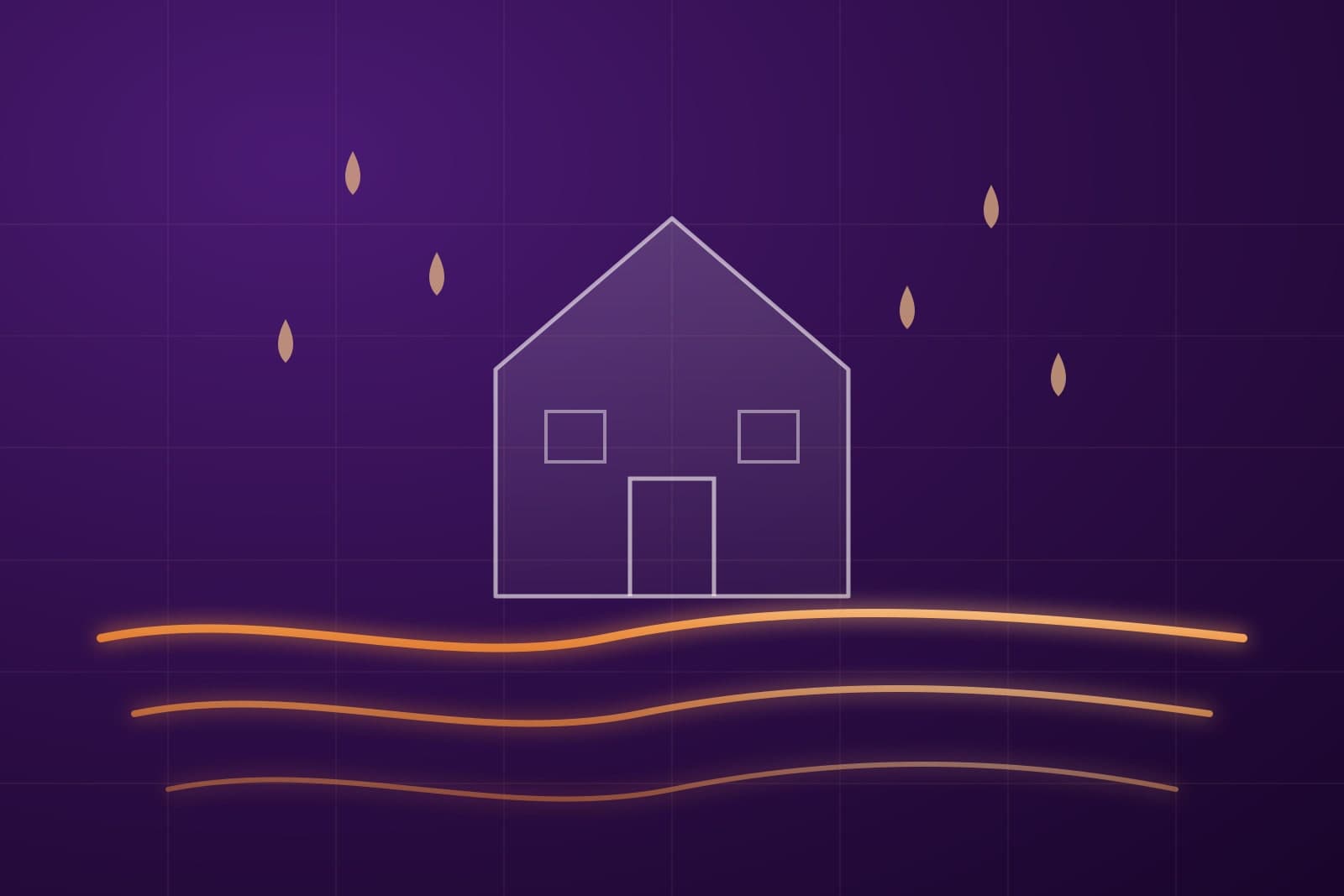 Illustratie: een woning met regendruppels en waterlijnen